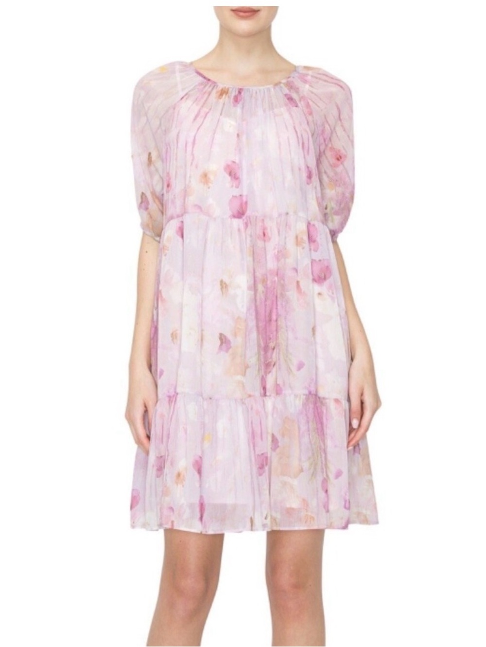 Melloday Woman’s XL Pink Floral Sheer Tier Dress Bohemian Blouse Style